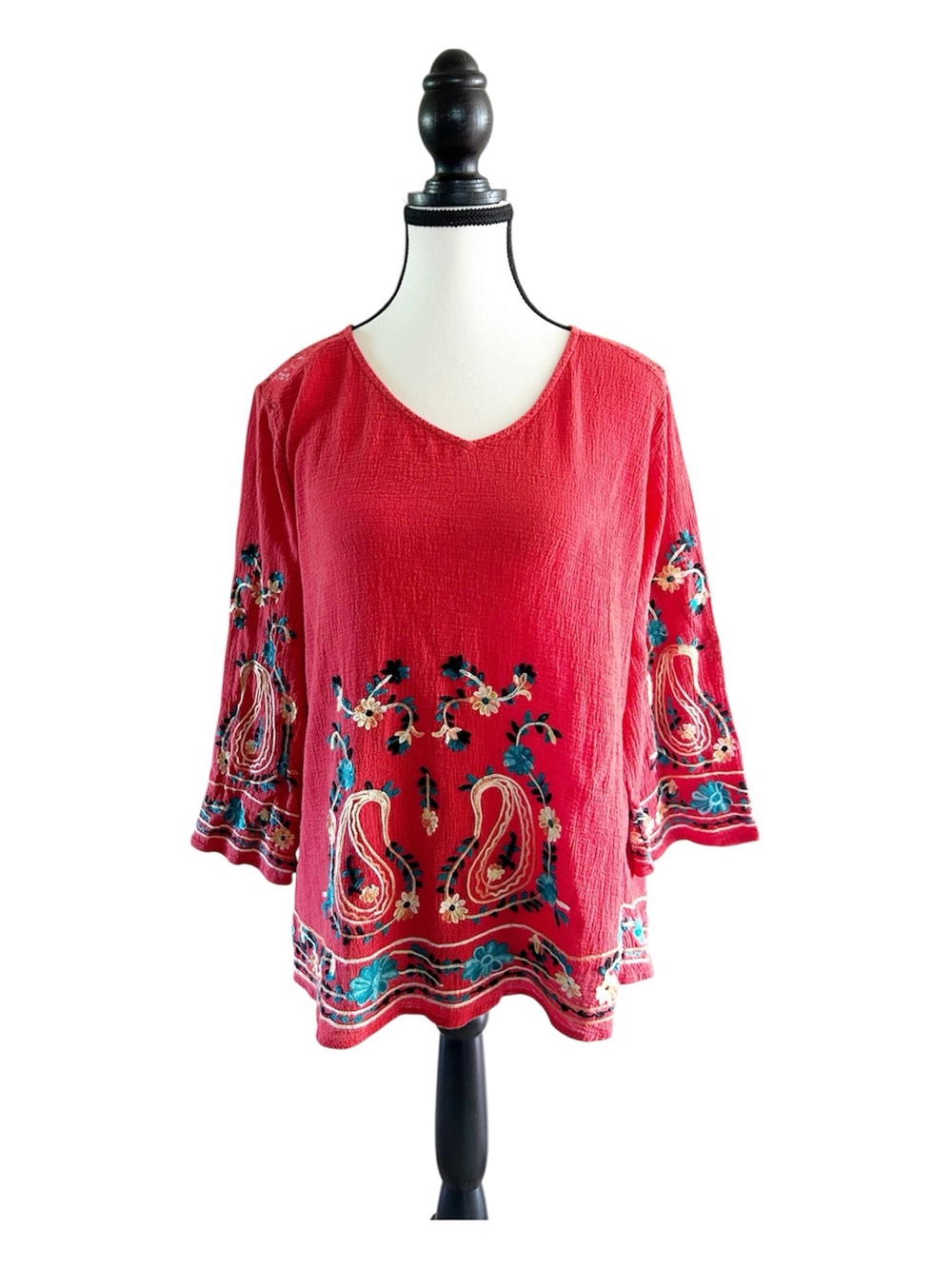 Multiples Burnt Orange Embroidered V-Neck Boho Tunic Size Small Cotton